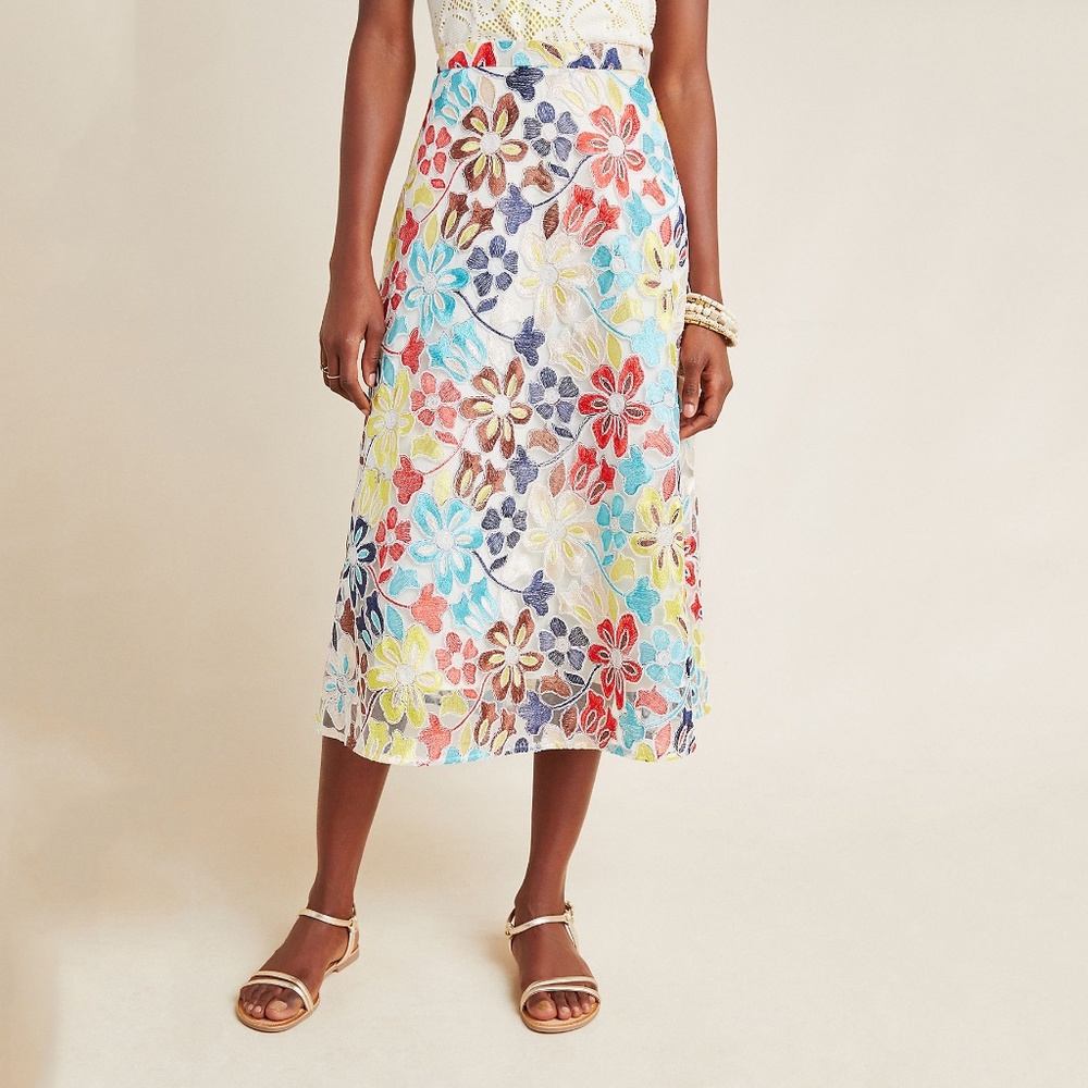 Eva Franco Anthropologie Meghan Floral Embroidered Mesh Midi Skirt NWT - Picture 3 of 6